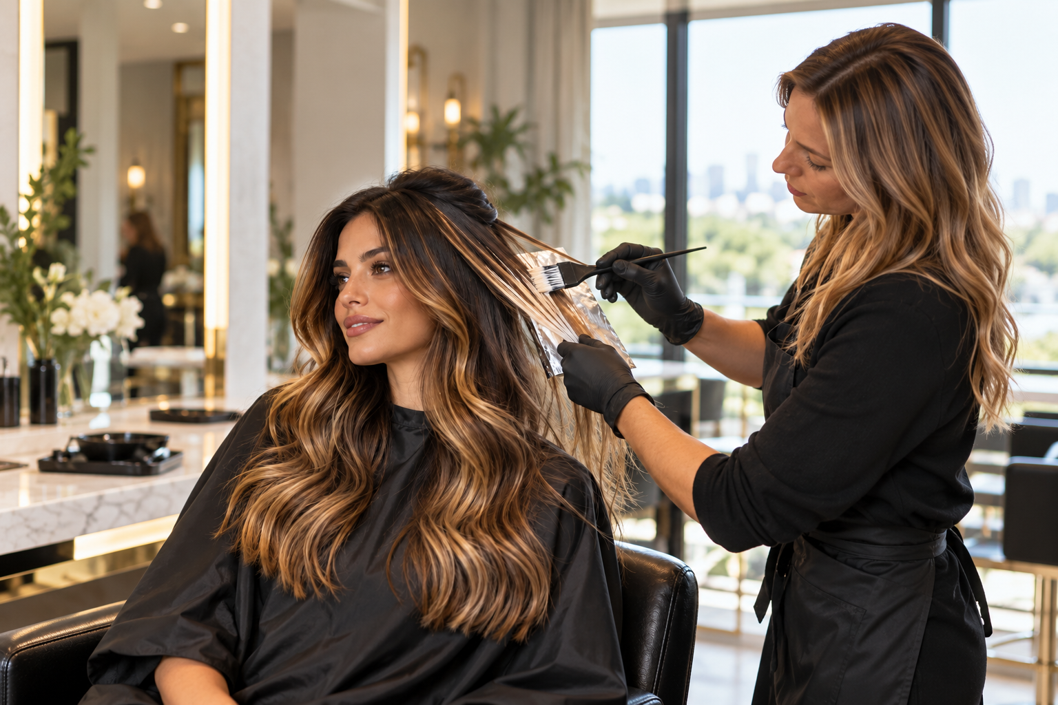 Warm balayage highlights being painted into long hair