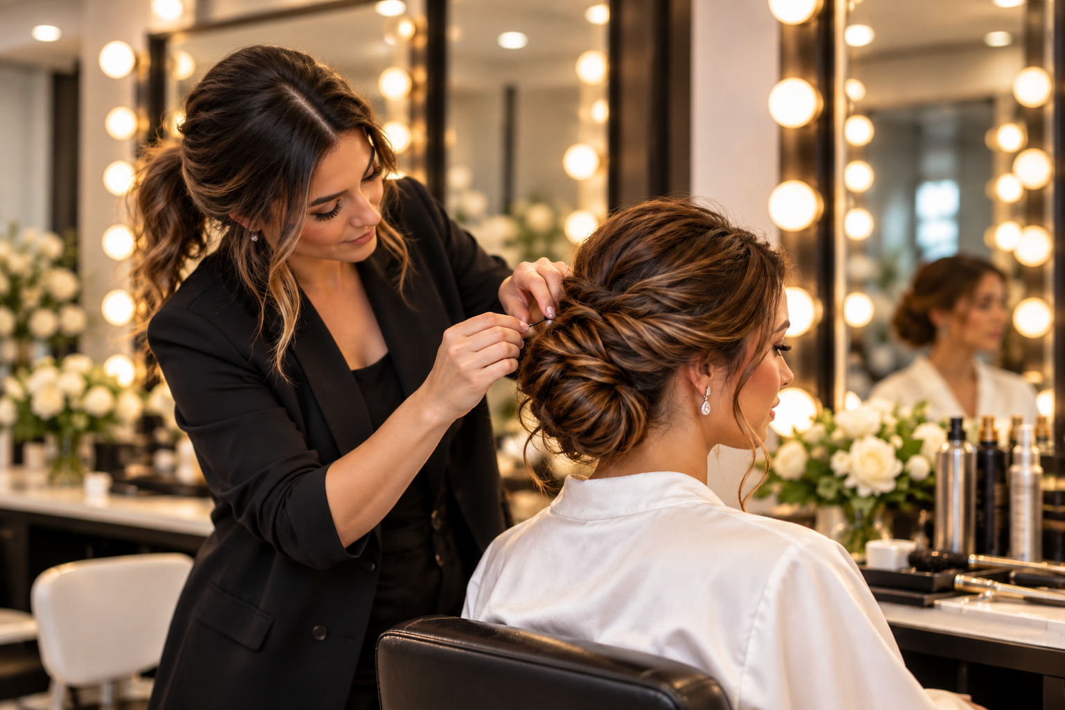 An elegant updo being finished for a special event