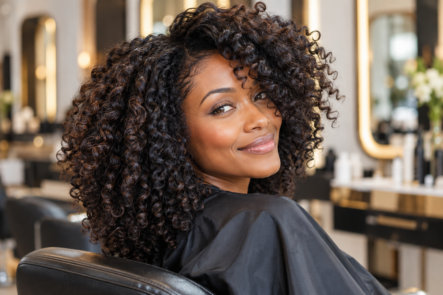 A client with healthy natural curls in a salon