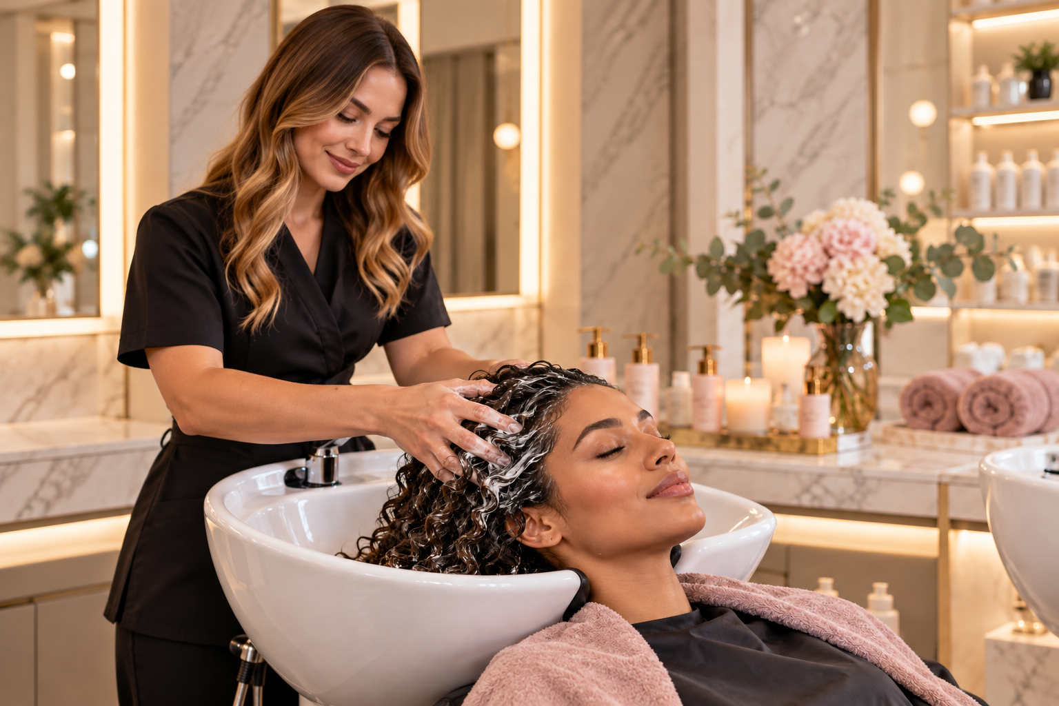 A relaxing nourishing hair treatment at the shampoo basin