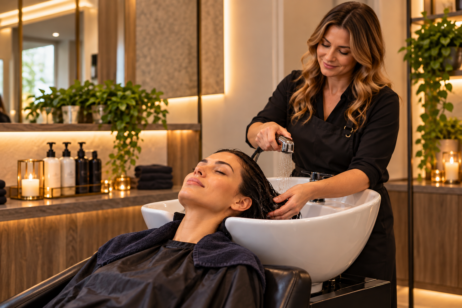 A client enjoying a peaceful shampoo and conditioning experience