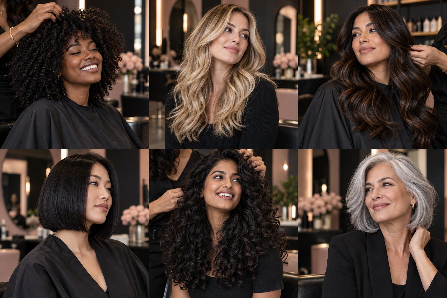 Six BellaGrace salon looks featuring curls, blonde waves, brunette waves, a sleek bob, textured curls, and a silver layered style